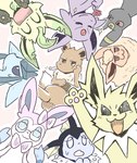 ambiguous_gender black_body blue_body blush bodily_fluids brown_body cigarette evolutionary_family eyewear feral flower fluffy fur glasses group happy holding_flower holding_object holding_rose open_mouth plant ribbons rose_(flower) smile smoking sweat tail yellow_body yellow_fur brown_tail_(artist) nintendo pokemon canid canine eevee eeveelution espeon flareon generation_1_pokemon generation_2_pokemon generation_4_pokemon generation_6_pokemon glaceon jolteon leafeon mammal pokemon_(species) sylveon umbreon vaporeon