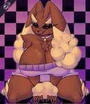 anthro areola big_breasts biped breasts brown_body chest_tuft clothed clothing eyelashes female fur huge_breasts looking_at_viewer pupils smile solo thick_thighs tuft neodrani nintendo pokemon generation_4_pokemon lopunny pokemon_(species) hi_res