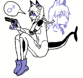 anthro boots clothing cybernetics femboy footwear gender_symbol gun hair handgun kemono machine male male_symbol mechanical_arm navel pistol ponytail ranged_weapon shark_tail shoes solo symbol weapon charawingd ghost_in_the_shell aquatic canid canine cyborg fish fox hybrid mammal shark monochrome
