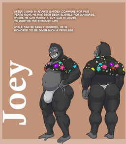 anthro big_bulge big_butt bikini bikini_bottom biped black_body black_clothing black_fur black_hair black_shirt black_topwear blue_clothing blue_shirt blue_topwear bulge butt clothed clothing feet fur green_clothing green_shirt green_topwear grey_body grey_clothing grey_fur grey_nose grey_skin grey_thong grey_underwear hair hands_on_hips hands_on_own_hips looking_back male male_anthro multicolored_body multicolored_clothing multicolored_fur multicolored_shirt multicolored_topwear muscular muscular_anthro muscular_male nervous nervous_smile pecs pink_clothing pink_shirt pink_topwear pose prehensile_feet purple_clothing purple_eyes purple_shirt purple_topwear rear_view shirt shirt_tied slightly_chubby solo standing swimwear teeth text thick_thighs thong three-quarter_view tied_clothing tied_shirt toes topwear two-piece_swimsuit two_tone_body two_tone_fur underwear yellow_clothing yellow_shirt yellow_topwear foxserx adam's_garden joey_(adam's_garden) ape gorilla haplorhine mammal primate 2026 character_name digital_media_(artwork) english_text hi_res model_sheet