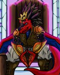 4:5 absurd_res anthro armor chair crown dragon furniture gold_(metal) headgear hi_res male membrane_(anatomy) membranous_wings mythological_creature mythological_scalie mythology scalie solo stained_glass tail throne universaldragon wings