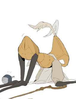 all_fours ambiguous_gender animal_genitalia antennae_(anatomy) anthro arthropod_abdomen arthropod_abdomen_cloaca arthropod_abdomen_genitalia ass_up biped bodily_fluids bottomless cloaca clothed clothing empty_eyes genitals looking_at_viewer looking_back looking_back_at_viewer melee_weapon mouthless presenting presenting_cloaca rear_view simple_background solo sweat sweatdrop sword three-quarter_view weapon white_background white_eyes yellow_body justdog hollow_knight:_silksong hollow_knight_(franchise) team_cherry second_sentinel arthropod robot_anthro 2026 digital_drawing_(artwork) digital_media_(artwork) english_description full-length_portrait hi_res portrait