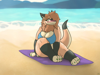 anthro beach bikini blush breasts claws clothing female fluffy freckled_breasts freckled_face freckles glistening glistening_body glistening_eyes nails neck_tuft on_towel outside overweight sea solo swimwear tail thick_thighs towel tuft two-piece_swimsuit water wet kariwolf197 zoey_(kariwolf197) mamagen cel_shading digital_media_(artwork) hi_res shaded