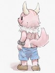 anthro bottomwear bottomwear_down butt butt_cleavage clothed clothing footwear fur horn male neck_tuft partially_clothed pink_body pink_fur rear_view scar shorts shorts_down shorts_only simple_background solo tail topless tuft young young_anthro young_male apluss ponkotsu_quest kaku_(ponkotsu_quest) demon mammal 3:4 hi_res