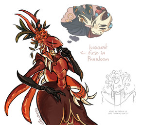 anthro biped blush blush_lines bodily_fluids clothing dreadlocks dress duo eye_scar eyes_closed facial_scar female finger_on_chin flustered hand_on_hip headdress horn huge_hips kissing male male/male neck_brace nervous nervous_sweat scar shoulder_pads small_waist spikes spikes_(anatomy) sweat thought_bubble wasp_waist wide_hips onionsued hollow_knight_(franchise) team_cherry crust_king_khann skarrsinger_karmelita traitor_lord_(hollow_knight) ant arthropod crustacean hymenopteran insect mantis skarr 2026 hi_res