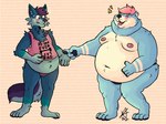 4:3 anthro bear belly belly_overhang blue_body blue_fur blush canid canine canis clothed clothing embarrassed fur hair hi_res jockstrap jockstrap_only laugh male mammal mutual_weight_gain obese obese_anthro obese_male overweight overweight_anthro overweight_male pink_hair purple_hair raccoonkind series_(disambiguation) small_clothing topless toza underwear underwear_only weight_gain wolf yukon