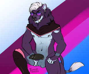 anthro balls black_body black_clothing black_legwear black_nose black_penis blue_balls blue_body blue_fur closed_smile clothing erection fangs front_view fur genitals hair humanoid_genitalia humanoid_penis legwear looking_at_viewer male mouth_closed pattern_background penis purple_body purple_fur simple_background smile solo spread_legs spreading striped_background teeth white_hair famir kutcher felid mammal 2020 dated signature