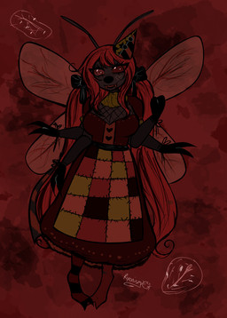 4_arms antennae_(anatomy) anthro bow_ribbon clothing clown clown_costume clown_nose creepy creepy_face dress eyeliner fangs female food hair larva makeup mascara meat multi_arm multi_limb red_hair scar solo teeth wings cumcadaver kusatta_(cumcadaver) arthropod bee hymenopteran insect maggot vulture_bee absurd_res hi_res