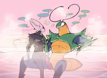 animal_genitalia antennae_(anatomy) blush duo erection exaggerated_mastectomy_scar genitals male male/male mastectomy_scar partially_submerged scar visibly_trans noodleharp hollow_knight_(franchise) team_cherry green_prince_(hollow_knight:_silksong) arthropod insect hi_res trans_(lore) trans_man_(lore)