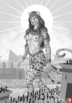 anthro areola breasts day detailed_background ear_piercing ear_ring egyptian female fur group hair macro markings nipples nude outside piercing ring_piercing sky solo_focus spots spotted_body spotted_fur tasteful_nudity walking anisis cheetah deity felid feline mammal 2021 digital_media_(artwork) hi_res