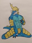 anthro armor_plates claws covering male solo roborobo nintendo pokemon generation_5_pokemon mammal mustelid otter pokemon_(species) samurott 3:4 absurd_res hi_res traditional_media_(artwork)