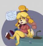 anthro balls beverage black_eyes blush bodily_fluids book clothed clothing collar cum cum_on_face desk dialogue duo female female_focus fur furniture genital_fluids genitals hair male male/female open_mouth penis penis_on_face sitting solo_focus sweat table teeth text tongue yellow_body yellow_fur newd animal_crossing nintendo isabelle_(animal_crossing) canid canine canis domestic_dog mammal shih_tzu toy_dog english_text hi_res