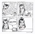 2018 4koma absurd_res anne_barnetson avian base_two_layout bird canid canine canis comic customer_service_wolf dialogue english_text exclamation_point feral four_frame_grid four_frame_image grid_layout group hi_res mammal porcupine regular_grid_layout rodent snout speech_bubble text traditional_media_(artwork) two_row_layout wolf