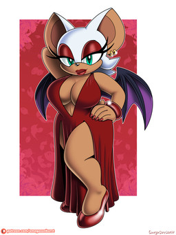 anthro bangle big_breasts border breasts cleavage clothed clothing dress ear_piercing ear_ring female footwear hand_behind_head hand_on_hip high_heels jewelry lipstick looking_at_viewer makeup patreon_logo piercing red_clothing red_dress red_footwear red_lipstick red_shoes ring_piercing shoes slit_dress solo teal_eyes text white_border wings omegasunburst patreon sega sonic_the_hedgehog_(series) rouge_the_bat bat mammal 2022 3:4 absurd_res hi_res url
