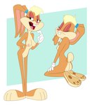 anthro areola blonde_hair breasts butt featureless_crotch female fur hair kneeling nipples nude open_mouth open_smile pawpads paws simple_background smile solo standing tan_body tan_fur impstripe looney_tunes the_looney_tunes_show warner_brothers lola_bunny lagomorph leporid mammal rabbit 2023 hi_res