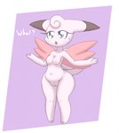 anthro anthrofied blue_eyes blush bodily_fluids breasts eyelashes female genitals navel nipples nude nude_anthro nude_female open_mouth pink_body pink_nipples pokemorph pussy simple_background small_breasts solo sweat sweatdrop tail text wide_hips wings bit-small nintendo pokemon clefable generation_1_pokemon pokemon_(species) 2016 digital_media_(artwork) english_text hi_res