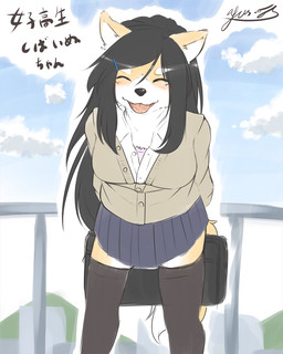 accessory anthro black_hair bottomwear bra breasts briefcase chest_tuft clothing cloud eyes_closed female fur hair hair_accessory hairclip kemono legwear orange_body orange_fur outside school_uniform skirt smile solo stockings sweater text topwear tuft underwear uniform white_body white_fur yus-ts canid canine canis domestic_dog mammal shiba_inu spitz 4:5 japanese_text signature