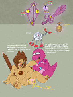 anthro areola big_breasts biped birth blush bodily_fluids breasts brown_hair dialogue female genitals group hair lactating machine melee_weapon nipples nude one_eye_closed pink_body pregnant simple_background spread_legs spreading sweat sword text vulva weapon lurking_tyger gameoverse glitch_productions gobbles_(gameoverse) kaboodle_(gameoverse) kit_bodega dinosaur domestic_cat felid feline felis mammal prehistoric_species reptile robot scalie 3:4 english_text hi_res