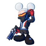 anthro clothing footwear gloves gun handgun handwear male mask parody ranged_weapon simple_background solo weapon shamserg blizzard_entertainment disney overwatch mickey_mouse soldier_76_(overwatch) mammal mouse murid murine rodent 1:1 2016 hi_res signature