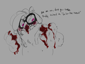 anthro black_eyewear black_glasses blood blood_on_face blood_on_hand bodily_fluids claws crying eyewear glasses hair nosebleed pink_eyes solo standing tears teeth text shaibey bugsnax young_horses floofty_fizzlebean grumpus 2022 digital_media_(artwork) english_text procreate_(artwork) sketch nonbinary_(lore)