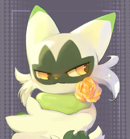 ambiguous_gender anthro claws eyebrows eyelashes flower fur green_body green_fur plant solo tail white_body white_fur white_tail yellow_eyes yellow_flower qerpioritu nintendo pokemon felid feline floragato generation_9_pokemon mammal pokemon_(species) absurd_res hi_res