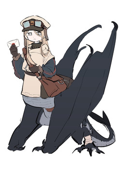 :< all_fours ambiguous_gender aviator_cap bag bandage bandaged_ankle belly black_body blonde_hair claws clothed clothing delivery_(commerce) delivery_employee eyewear gloves goggles grey_belly grey_eyes hair handwear lighter_belly long_hair looking_at_viewer mail membrane_(anatomy) membranous_wings messenger_bag partially_clothed partially_clothed_taur postal_carrier postal_delivery simple_background solo sweater tail topwear turtleneck white_background wing_claws wings tanagi_boboboei european_mythology mythology dragon dragon_taur humanoid_taur mythological_creature mythological_scalie scalie scalie_taur taur western_dragon wyvern 2026 digital_media_(artwork) hi_res japanese_description sketch
