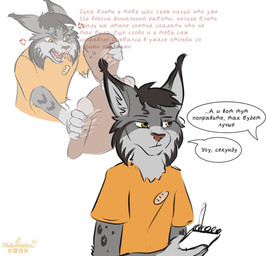 angry anthro brown_hair brown_nose clothing dialogue fur grey_body grey_fur hair history male orange_clothing orange_shirt orange_topwear shirt short_hair text thoughts tired topwear yellow_eyes xleb0rezka rocky_(xleb0rezka) felid feline human lynx mammal colored_sketch digital_media_(artwork) hi_res russian_text sketch translated watermark