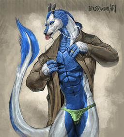 anthro barbel_(anatomy) bulge claws clothing flesh_whiskers fur horn male multicolored_body navel nipples pecs ring solo tail tongue tongue_out underwear birdrandomart mythology dragon eastern_dragon furred_dragon furred_scalie mythological_creature mythological_scalie scalie hi_res
