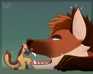anthro bodily_fluids duo fluffy fluffy_tail fur hair macro male micro nude open_mouth saliva saliva_on_tongue saliva_string simple_background size_difference smile tail teeth malekart canid canine mammal digital_drawing_(artwork) digital_media_(artwork) hi_res shaded signature