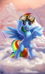 blue_body blue_feathers blue_fur circle cloud double_rainbow eyewear feathered_wings feathers female feral fur goggles hair halo multicolored_hair multicolored_tail on_hind_legs outside rainbow rainbow_arch rainbow_hair rainbow_tail sky skyscape solo tail wings mewpan friendship_is_magic hasbro my_little_pony mythology rainbow_dash_(mlp) equid equine mammal mythological_creature mythological_equine pegasus