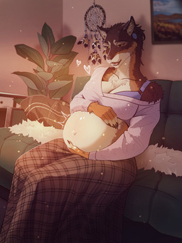 5_fingers anthro biped bottomwear bra breasts brown_body brown_fur claws clothed clothed_anthro clothed_female clothing countershade_torso countershading ear_piercing female finger_claws fingers front_view fully_clothed fully_clothed_anthro fully_clothed_female fur furniture inner_ear_fluff inside navel on_sofa open_mouth piercing plant pregnant sitting sitting_on_sofa sofa solo teeth tongue topwear tuft underwear lynjox canid canine mammal 2025 3:4 digital_drawing_(artwork) digital_media_(artwork) hi_res