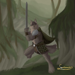 anthro armor belt cape clothing fur gambeson green_cape green_clothing grey_body grey_fur holding_melee_weapon holding_object holding_sword holding_weapon male melee_weapon pauldron plant solo sword tail text tree weapon wristband sagedraws2472 far_beyond_the_world_(series) ranok_(far_beyond_the_world) canid canine canis mammal wolf 1:1 artist_name hi_res