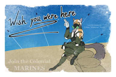 anthro armor female gas_mask headgear helmet looking_at_viewer mask postcard sand sandbag sitting solo malcombtheteadragon canid canine mammal 3:2 hi_res