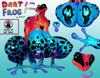 anthro big_breasts big_butt breasts butt female huge_breasts huge_butt huge_hips huge_thighs looking_at_viewer multicolored_body multicolored_skin nipples non-mammal_breasts non-mammal_nipples nude solo text thick_thighs tongue tongue_out warning_sign warning_symbol wide_hips dafqwet amphibian frog poison_dart_frog english_text hi_res model_sheet