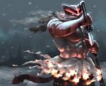 abs anthro biceps black_body black_fur bottomwear clothed clothing detailed_background fire fur katana male melee_weapon muscular muscular_anthro muscular_male pecs red_body red_fur solo striped_body striped_fur stripes sword weapon yellow_eyes m7 nintendo pokemon felid feline generation_7_pokemon incineroar mammal pantherine pokemon_(species) 2019