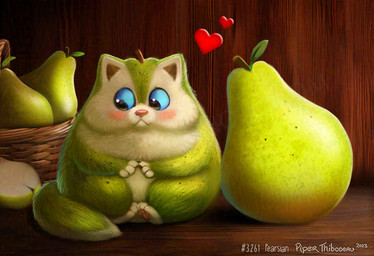 ambiguous_gender basket blue_eyes blush comically_large_object container detailed_food feral food fruit fur green_body green_fur heart_symbol humor leaf micro pawpads pear plant pun solo tan_body text visual_pun piper_thibodeau domestic_cat felid feline felis food_creature mammal persian_cat 2023 detailed digital_media_(artwork) digital_painting_(artwork) painting_(artwork)