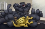 2012 4_toes abs biceps black_fur bound claws clothing dragon feline feral fur hindpaw horn laugh male mammal muscles nude open_mouth panther paws pecs plantigrade raised_arm scales shorts sitting size_difference soles straps teaselbone tickling tickling_feet topless wings yellow_dragon
Rating: Safe
Score: 6
User: joao
Date: July 28, 2012