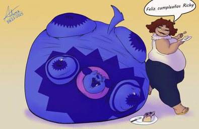 3_toes 4_fingers anthro birthday blouse blue_body blue_fur blueberry_(fruit) blueberry_inflation bottomwear brown_body brown_eyes cake cheesecake chelicerae chubby_arms clothed clothing curly_hair cutlery denim denim_bottomwear denim_clothing dessert dishes duo facial_markings feet female fingers food fork fruit fur glowing glowing_eyes grey_body grey_fur grumpy hair head_markings inflation jeans kitchen_utensils love_handles male markings neck_tuft one_eye_closed pants plant pompadour pupils purple_body purple_fur spherical_inflation sunken_limbs swollen_cheeks tail text thick_thighs toes tools topwear triangular_ears tuft unusual_pupils yellow_eyes antares_alexanyel nintendo pokemon richiolu_(richyminer) tarantela_latreille arachnid arthropod generation_4_pokemon mygalomorph pokemon_(species) riolu spider tarantula hi_res spanish_text