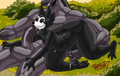4_fingers anthro balls biceps big_balls big_butt big_penis black_body black_eyes black_eyeshadow black_fur black_lipstick bodily_fluids bottom_heavy bubble_butt butt detailed_background duo erection eyelashes eyeshadow fellatio femboy fingers fur genital_fluids genitals grey_body grey_fur handjob handjob_while_penetrated huge_balls huge_butt huge_hips huge_penis huge_thighs humanoid_genitalia humanoid_penis lipstick makeup male male/male muscular muscular_anthro muscular_arms muscular_legs muscular_male open_mouth oral oral_penetration outside outside_sex pecs penetration penile penis plant precum sex shrub snout sweat sweatdrop text thick_thighs wide_hipped_anthro wide_hipped_male wide_hips parasitedeath wolf_(parasitedeath) canid canine canis equid equine horse mammal wolf 2026 artist_name digital_drawing_(artwork) digital_media_(artwork) hi_res signature