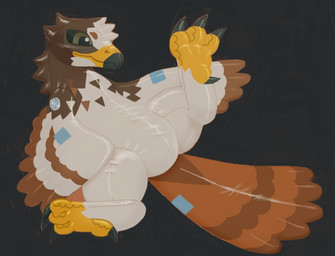 ambiguous_anthro ambiguous_gender anthro beak beak_closed black_beak black_sclera brown_body brown_feathers brown_tail chest_markings closed_smile dipstick_beak feathers feet green_eyes grey_background inflatable markings mouth_closed multicolored_beak multicolored_body multicolored_feathers scutes simple_background smile solo tail two_tone_beak yellow_beak yellow_feet yellow_scutes buteoposting accipitrid accipitriform animate_inanimate avian bird buteo chickenhawk living_inflatable living_pool_toy red-tailed_hawk 2026 digital_drawing_(artwork) digital_media_(artwork) full-length_portrait portrait