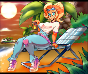 5_fingers accessory anthro beach beach_chair belt beverage big_breasts black_nose blonde_hair breasts clothed clothing cloud detailed_background ear_piercing eyebrows eyelashes eyewear eyewear_on_head female fingers footwear frown fully_clothed goggles goggles_on_head green_eyes hair hair_accessory hair_tie holding_beverage holding_object island long_hair looking_at_viewer outside overalls palm_tree piercing plant ponytail sand seaside shirt shoes sitting sky sneakers solo sun t-shirt thick_thighs topwear tree water white_clothing white_shirt white_t-shirt white_topwear wristband randomgloves activision crash_bandicoot_(series) coco_bandicoot bandicoot mammal marsupial 2026 absurd_res hi_res