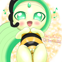 bee_costume blush bodily_fluids bottomwear clothing dark_urine female front_view genital_fluids genitals green_eyes headpiece leotard looking_at_viewer low-angle_view peeing solo thick_thighs torn_bottomwear torn_clothing urine vulva wetting white_body young young_female izzipurrito nintendo pokemon arthropod bee generation_5_pokemon hymenopteran insect legendary_pokemon meloetta meloetta_(aria_form) pokemon_(species) 1:1 absurd_res digital_drawing_(artwork) digital_media_(artwork) hi_res shaded soft_shading