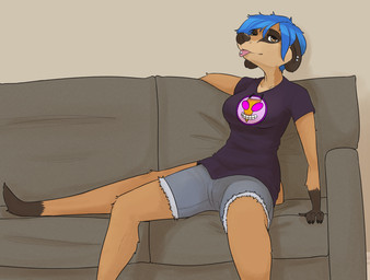 anthro blep blue_hair bottomwear breasts clothing dark_ears dark_nose dipstick_tail ear_piercing eye_markings feet female gloves_(marking) hair long_tail markings piercing shirt shorts snout solo spread_legs spreading tail tail_markings tongue tongue_out tongue_piercing topwear torn_bottomwear torn_clothing torn_shorts yellow_eyes katahdin invader_zim nickelodeon sam_(katahdin) herpestid mammal meerkat hi_res