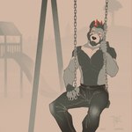 anthro beard biped bottomwear claws clothed clothing facial_hair finger_claws fur male male_anthro mohawk multicolored_body multicolored_fur muscular outside pants red_eyes sitting_on_swing slide solo swing topless topless_anthro topless_male bonfiredemon ailurid mammal red_panda 1:1 2024 digital_media_(artwork) hi_res