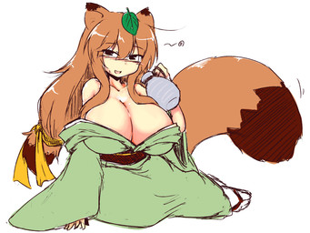 alcohol asian_clothing bare_shoulders bedroom_eyes beverage big_breasts big_tail blush bottle breasts brown_body brown_ear_tips brown_fur brown_hair cleavage clothed clothing container dipstick_ears dipstick_tail drunk ear_markings east_asian_clothing female footwear fully_clothed fur glistening glistening_body glistening_hair glistening_skin green_clothing hair hair_between_eyes holding_bottle holding_container holding_object huge_breasts japanese_clothing kimono leaf legwear light_body light_skin long_hair looking_at_viewer markings multicolored_body multicolored_ears multicolored_fur multicolored_hair multicolored_tail narrowed_eyes obi open_mouth open_smile ponytail sake seductive simple_background sitting small_waist smile socks solo substance_intoxication tabi_socks tail tail_markings two_tone_body two_tone_fur two_tone_hair white_background mudaikun animal_humanoid canid canid_humanoid canine canine_humanoid humanoid mammal mammal_humanoid tanuki_humanoid 4:3