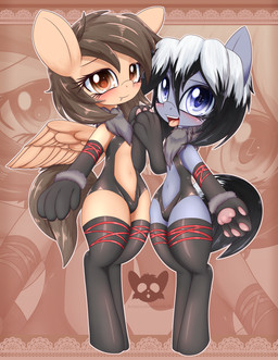 biped black_hair blue_body blue_eyes blue_fur blush brown_body brown_fur brown_hair clothing duo female female/female feral footwear fur hair hooves latex multicolored_hair paw_socks pawpads pose ribbons socks standing tongue tongue_out white_hair wings zoom_layer an-m hasbro my_little_pony mythology fan_character horo_(an_m) natee_(an-m) equid equine horse mammal mythological_creature mythological_equine pegasus pony absurd_res hi_res