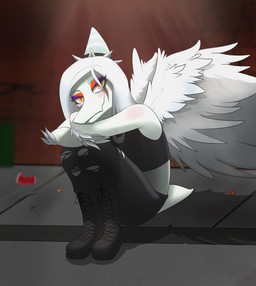 anthro beverage_can biped black_boots black_bottomwear black_clothing black_crop_top black_footwear black_pants black_shirt black_topwear blue_body blush bone_frill boots bottomwear cigarette_butt clothing collar concrete crop_top crossed_arms elbow_feathers feathered_wings feathers female footwear frill_(anatomy) front_view grey_body grey_feathers grey_hair hair half-closed_eyes knee_boots knee_highs legwear long_hair looking_at_viewer markings narrowed_eyes orange_eyes outside pants shadow shirt shoes short_tail sitting smile solo spiked_collar spikes striped_markings stripes tail topwear torn_bottomwear torn_clothing torn_pants wings jaaayyaaay cavemanon_studios goodbye_volcano_high ko_op_(game_developer) snoot_game fang_(gvh) prehistoric_species pterosaur reptile scalie absurd_res colored full-length_portrait hi_res portrait shaded