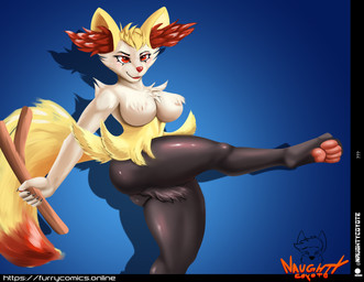 4_toes 5_fingers anthro black_legs black_nails blonde_hair blue_background breast_tuft breasts colored_nails crotch_tuft dipstick_tail drop_shadow eyelashes featureless_breasts feet fingers genitals hair holding_object holding_stick inner_ear_fluff intersex logo markings nails one_leg_up pawpads pink_pawpads raised_leg red_eyes red_inner_ear_fluff red_nose red_tail simple_background smile smiling_at_viewer smirk smirking_at_viewer solo stick tail tail_markings text toes tuft white_arms white_breasts white_face yellow_body yellow_tail smartwhitefang nintendo pokemon june_(ballad) braixen generation_6_pokemon pokemon_(species) 2024 absurd_res artist_logo artist_name hi_res url