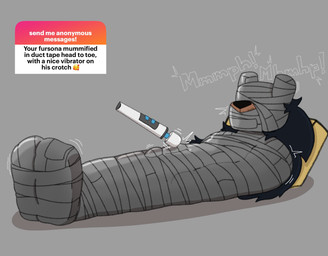 anthro bdsm bondage bound bulge duct_tape encasement gag gagged male moan mummification sex_toy simple_background solo struggling tape tape_gag text vibrator wand_vibrator mrpawpaw ngl sox_the_otter mammal mustelid otter digital_media_(artwork) english_text hi_res
