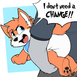 anthro big_diaper blue_clothing blue_shirt blue_topwear clothed clothing diaper lifted looking_back male partially_clothed pawpads shirt solo speech_bubble topwear wearing_diaper young young_anthro young_male baltnwolf scott_james(scoty_doodlerz) canid canine fox mammal 1:1 absurd_res hi_res